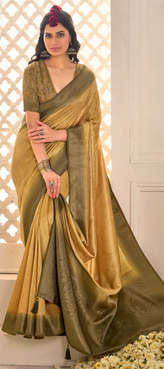 Gold color Saree in Art Silk fabric with Weaving, Zari work