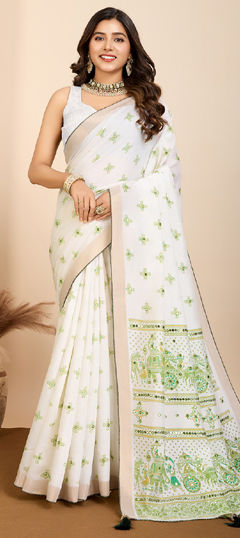 White and Off White color Saree in Cotton fabric with Mirror, Printed work