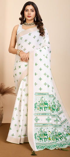 White and Off White color Saree in Cotton fabric with Mirror, Printed work