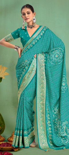 Blue color Saree in Faux Georgette fabric with Bandhej, Printed, Weaving work