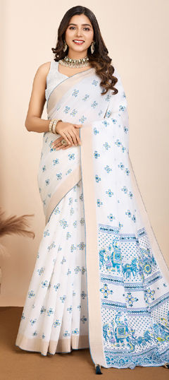 White and Off White color Saree in Cotton fabric with Mirror, Printed work