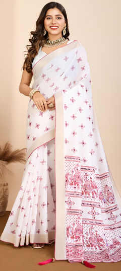 White and Off White color Saree in Cotton fabric with Mirror, Printed work