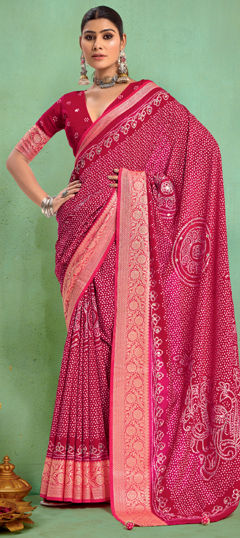 Pink and Majenta color Saree in Faux Georgette fabric with Bandhej, Printed, Weaving work