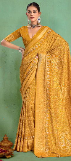 Yellow color Saree in Faux Georgette fabric with Bandhej, Printed, Weaving work