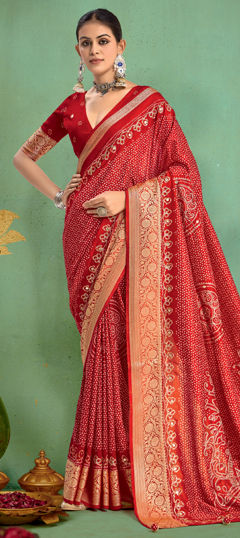 Red and Maroon color Saree in Faux Georgette fabric with Bandhej, Printed, Weaving work