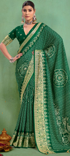 Green color Saree in Faux Georgette fabric with Bandhej, Printed, Weaving work