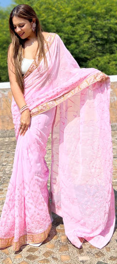 Pink and Majenta color Saree in Georgette fabric with Embroidered, Sequence work