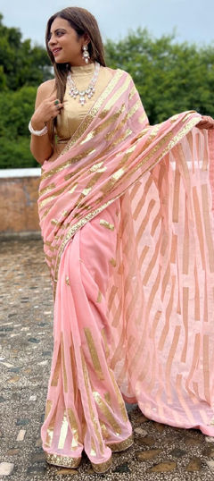 Pink and Majenta color Saree in Georgette fabric with Embroidered, Sequence work