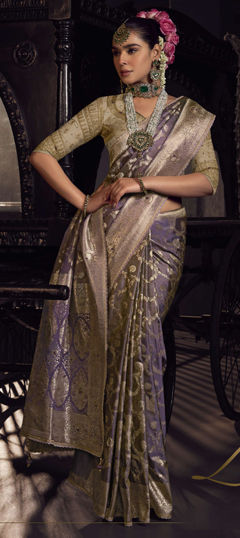 Purple and Violet color Saree in Silk fabric with Bugle Beads, Cut Dana, Embroidered, Weaving, Zari work