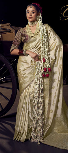 White and Off White color Saree in Silk fabric with Bugle Beads, Cut Dana, Embroidered, Weaving, Zari work