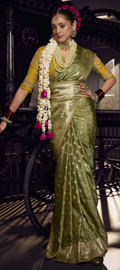 Green color Saree in Silk fabric with Bugle Beads, Cut Dana, Embroidered, Weaving, Zari work