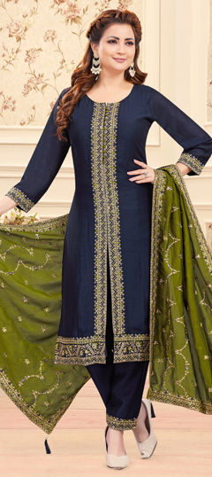 Blue color Salwar Kameez in Silk fabric with Embroidered, Resham, Thread work