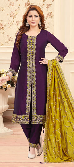 Purple and Violet color Salwar Kameez in Silk fabric with Embroidered, Resham, Thread work