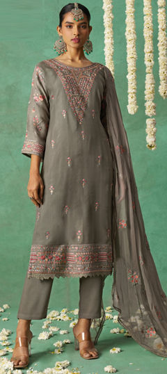 Black and Grey color Salwar Kameez in Organza Silk fabric with Embroidered, Resham, Thread work