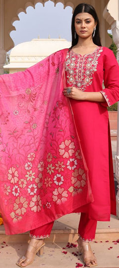 Pink and Majenta color Salwar Kameez in Silk cotton fabric with Embroidered, Sequence, Thread work