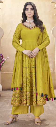 Yellow color Salwar Kameez in Silk fabric with Foil Print, Mirror work