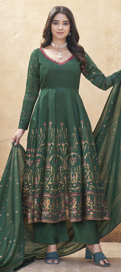 Green color Salwar Kameez in Silk fabric with Foil Print, Mirror work