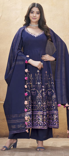 Blue color Salwar Kameez in Silk fabric with Foil Print, Mirror work
