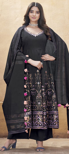 Black and Grey color Salwar Kameez in Silk fabric with Foil Print, Mirror work