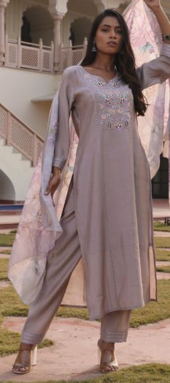 Beige and Brown color Salwar Kameez in Silk cotton fabric with Embroidered, Sequence, Thread work