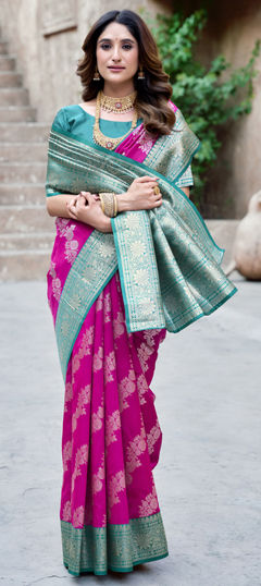 Pink and Majenta color Saree in Silk fabric with Weaving, Zari work