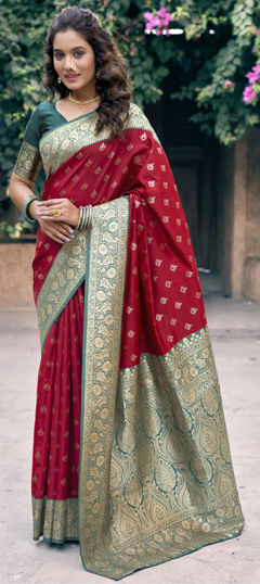 Red and Maroon color Saree in Silk fabric with Weaving, Zari work