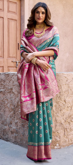 Green color Saree in Silk fabric with Weaving, Zari work