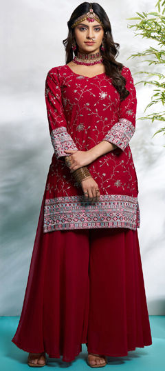 Red and Maroon color Salwar Kameez in Faux Georgette fabric with Embroidered, Sequence, Thread, Zari work