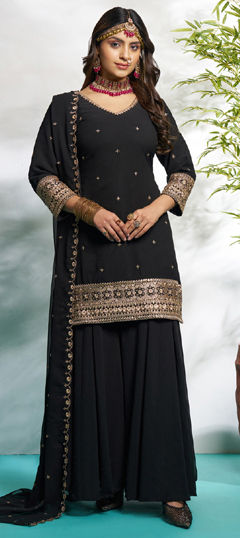 Black and Grey color Salwar Kameez in Faux Georgette fabric with Embroidered, Sequence, Thread, Zari work