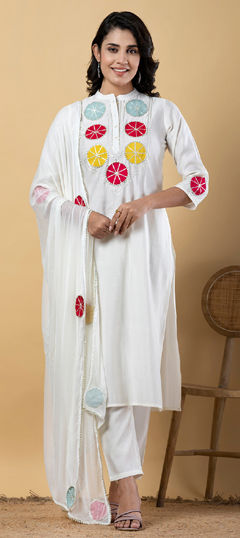 White and Off White color Salwar Kameez in Silk fabric with Gota Patti, Patch work