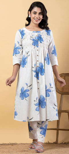Blue, White and Off White color Salwar Kameez in Cotton fabric with Bugle Beads, Pleats, Printed work
