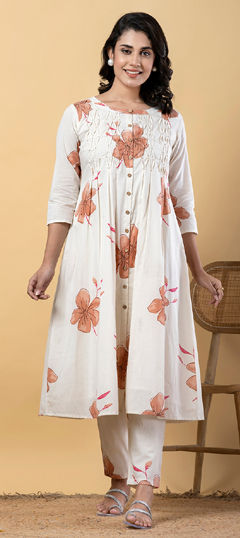 Beige and Brown, White and Off White color Salwar Kameez in Cotton fabric with Bugle Beads, Pleats, Printed work