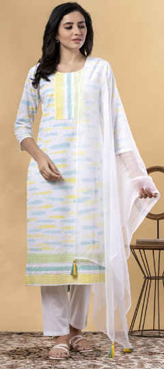 White and Off White, Yellow color Salwar Kameez in Cotton fabric with Embroidered, Resham, Thread work