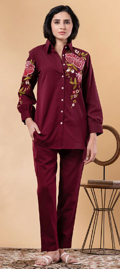 Red and Maroon color Co-ords Set in Cotton Flex fabric with Embroidered, Resham, Thread work