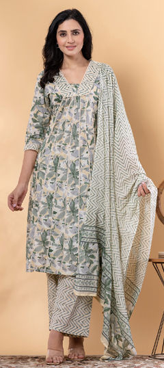 Green color Salwar Kameez in Cotton fabric with Floral, Lace, Printed work