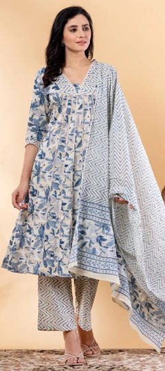Blue color Salwar Kameez in Cotton fabric with Floral, Lace, Printed work