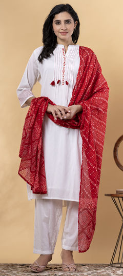 Red and Maroon, White and Off White color Salwar Kameez in Cotton fabric with Bandhej, Embroidered, Printed, Thread work