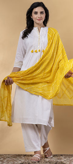 White and Off White, Yellow color Salwar Kameez in Cotton fabric with Bandhej, Embroidered, Printed, Thread work