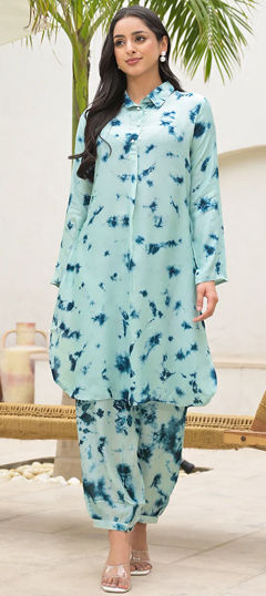 Blue color Salwar Kameez in Muslin fabric with Printed, Tye n Dye work