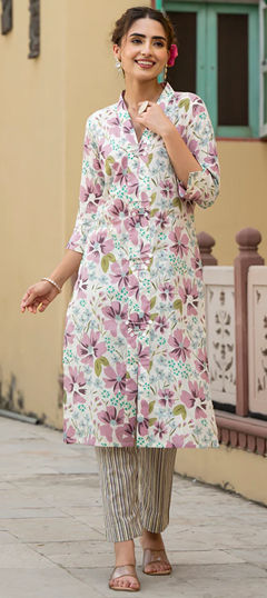 White and Off White color Salwar Kameez in Cotton fabric with Floral, Printed work