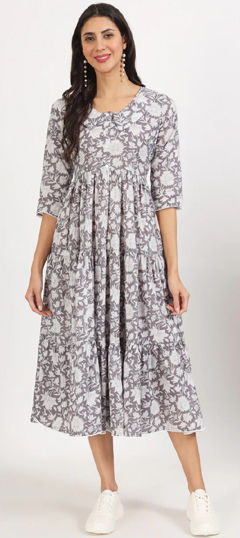 Black and Grey color Dress in Cotton fabric with Floral, Lace, Printed work