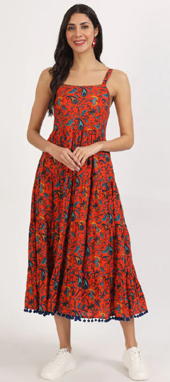 Red and Maroon color Dress in Cotton fabric with Floral, Lace, Printed work