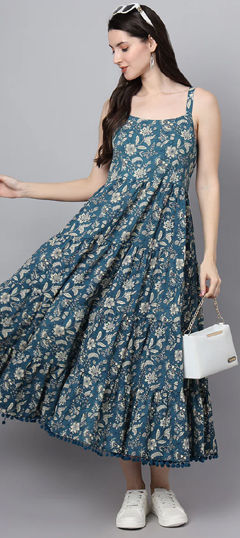 Blue color Dress in Cotton fabric with Floral, Lace, Printed work