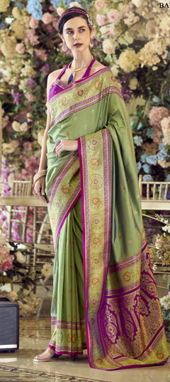 Green color Saree in Banarasi Silk fabric with Weaving, Zari work