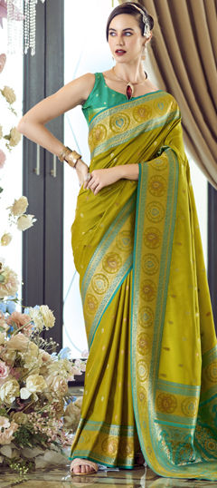 Green color Saree in Banarasi Silk fabric with Weaving, Zari work