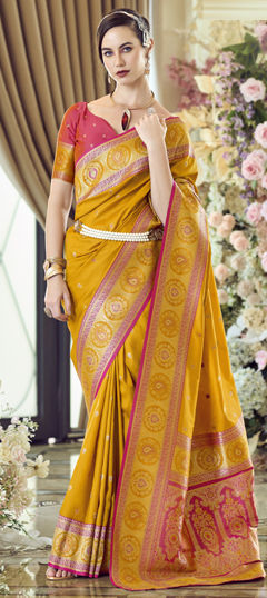 Yellow color Saree in Banarasi Silk fabric with Weaving, Zari work