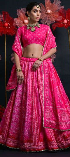 Pink and Majenta color Lehenga in Viscose fabric with Bandhej, Cut Dana, Lace, Printed work