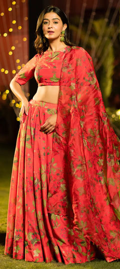 Red and Maroon color Ready to Wear Lehenga in Silk fabric with Floral, Printed work