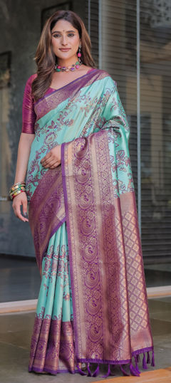 Blue, Purple and Violet color Saree in Silk fabric with Weaving, Zari work