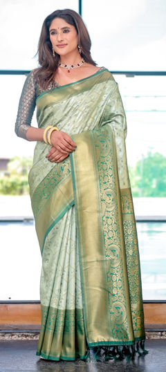 Green color Saree in Silk fabric with Weaving, Zari work